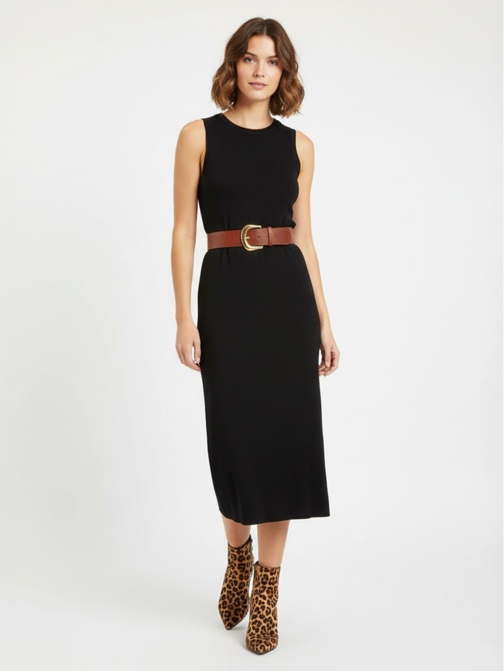 Theory Black Sleeveless Midi Dress with Brown Belt